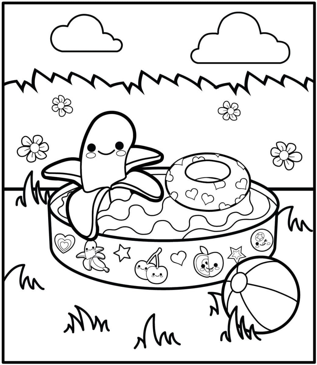 Pagina da Colorare Stampabile di una Banana in Piscina per i più Piccoli