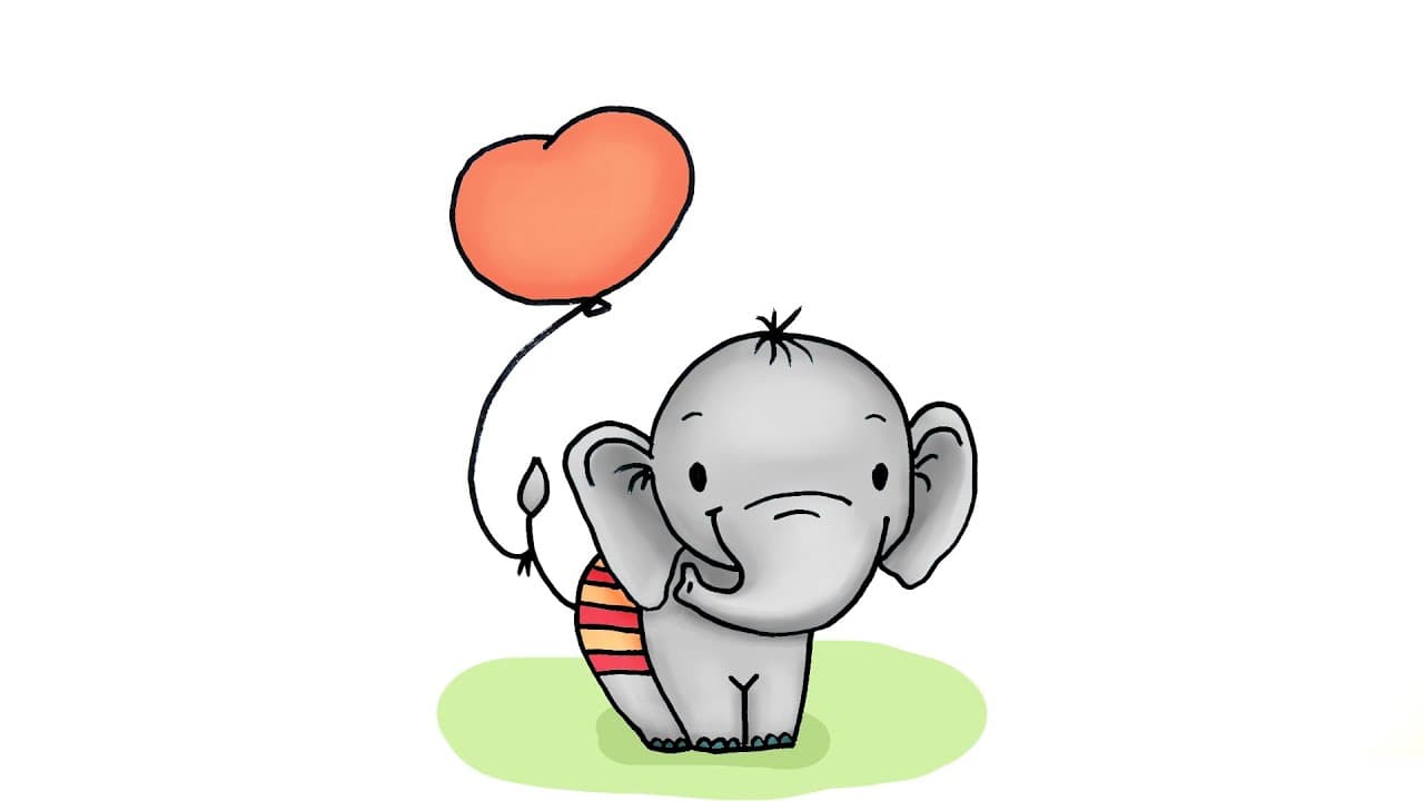 How to Draw a Cute Baby Elephant with a Heart-shaped Balloon * Как се рисува бебе слонче с балонче