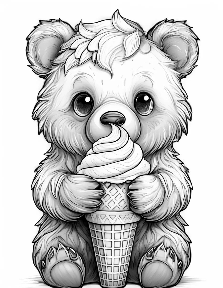 Page de coloriage à imprimer d’un ourson avec une glace