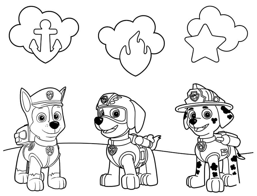 Paw Patrol Printable Coloring Page Featuring Chase, Zuma, and Marshall