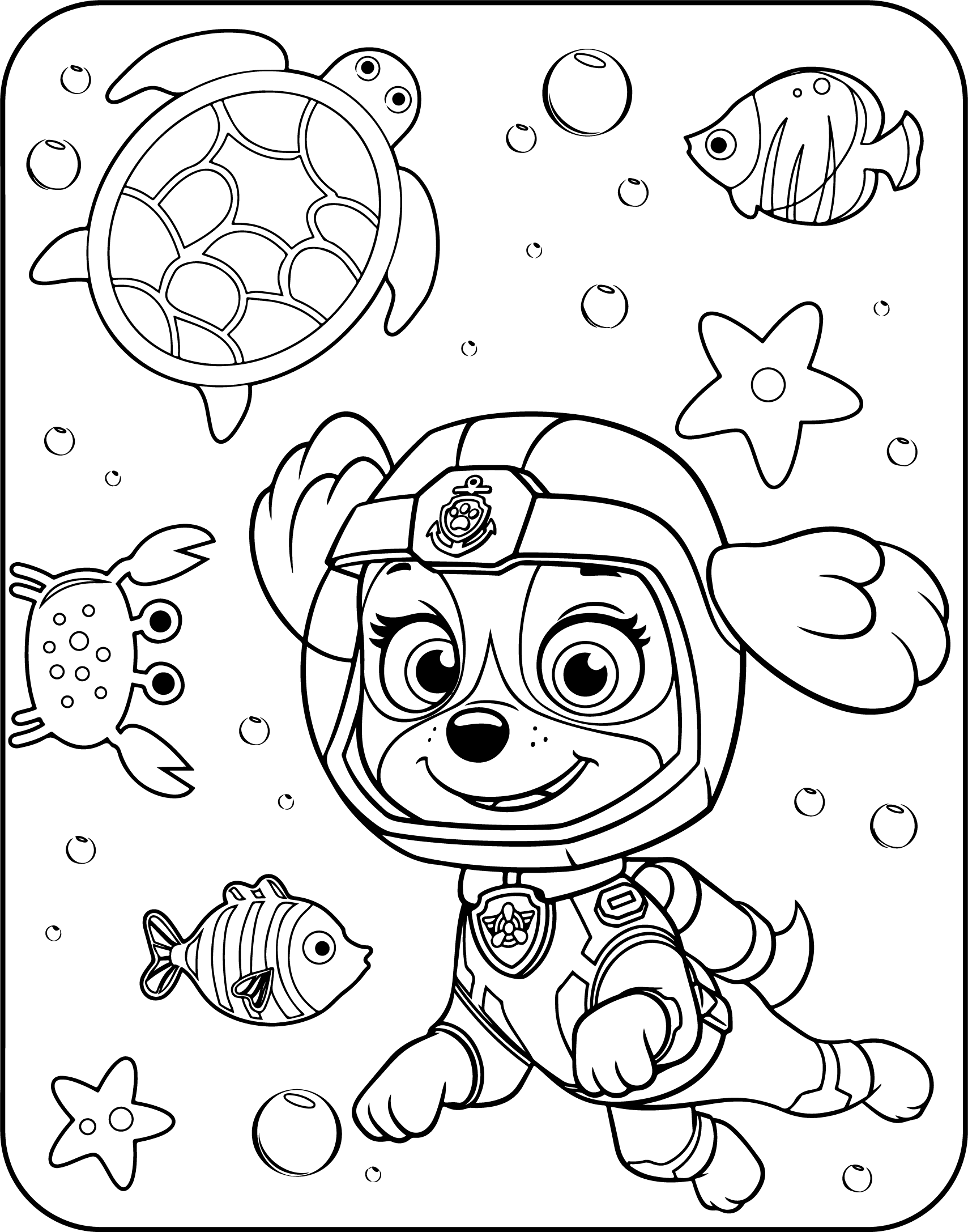 Pagina da colorare stampabile di Skye sott’acqua * Personaggio di Paw Patrol
