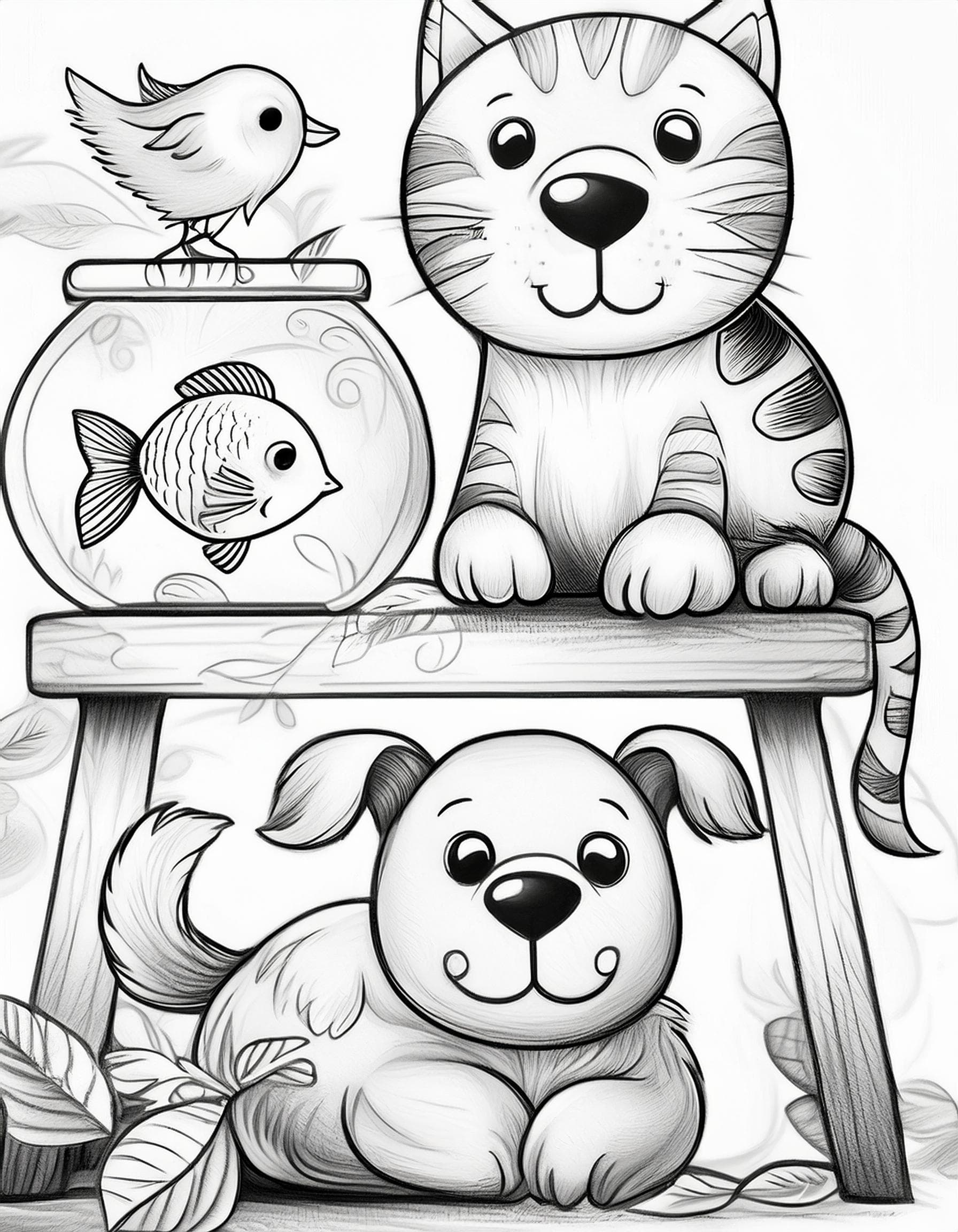 Куче, коте, рибка и пиле