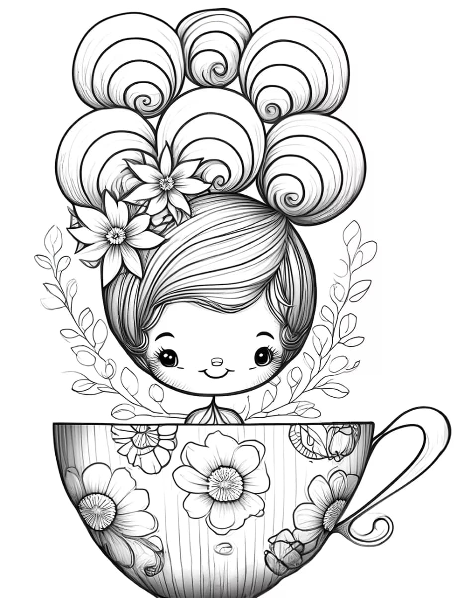 Página para Colorear de una Niña en una Taza