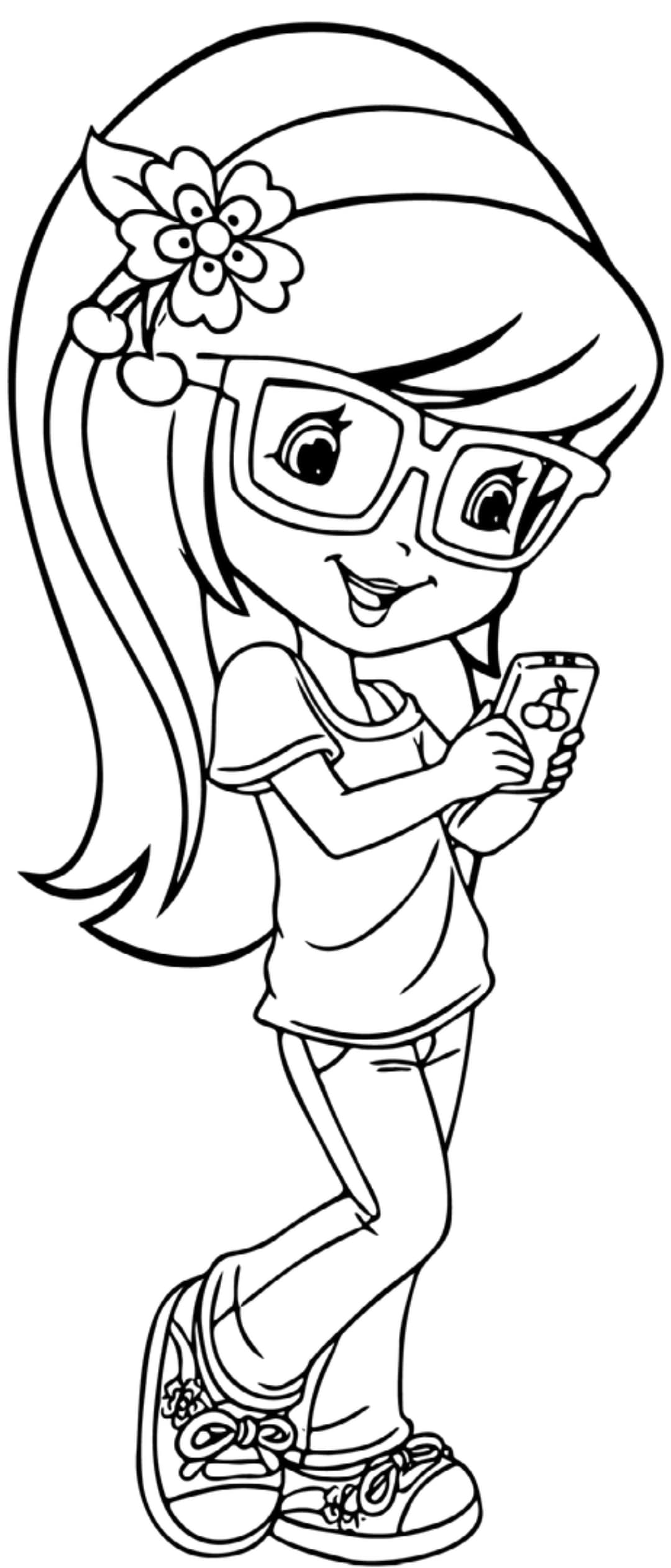 Página para colorear imprimible de una Niña con Teléfono Móvil