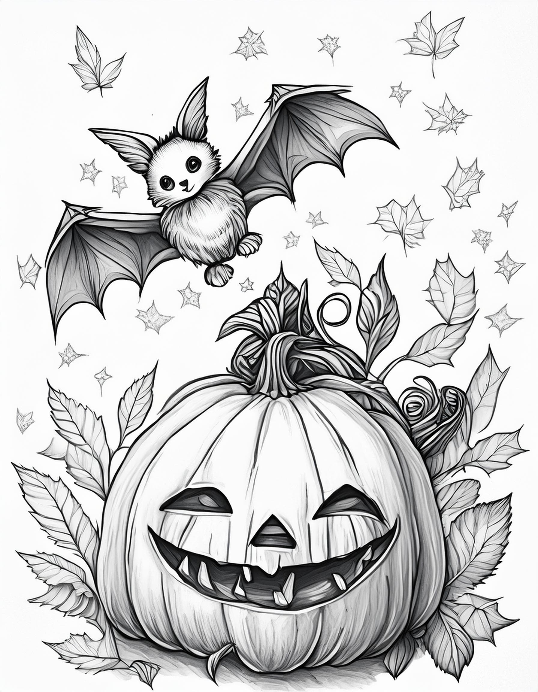 Printable Coloring Page of Pumpkins and Bats for Halloween
