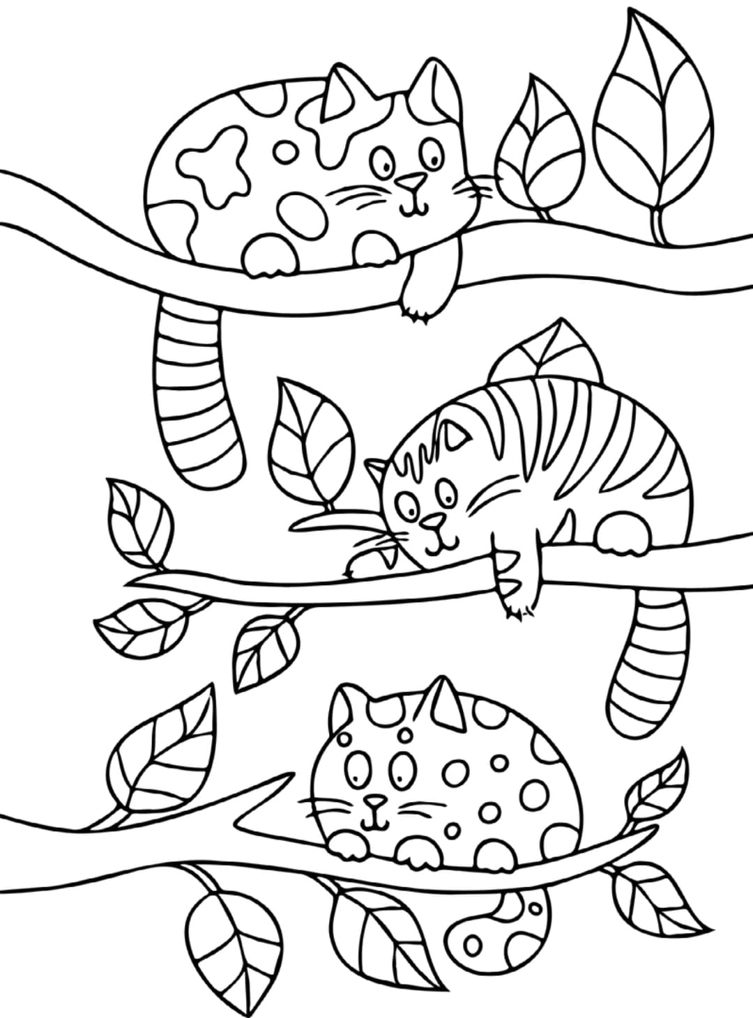 Котки на дърво * Смешна картинка за принтиране и оцветяване