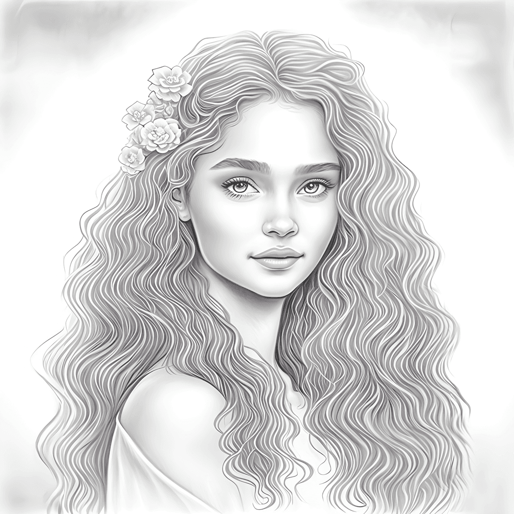Page à colorier d’une fille aux longs cheveux avec ombrages