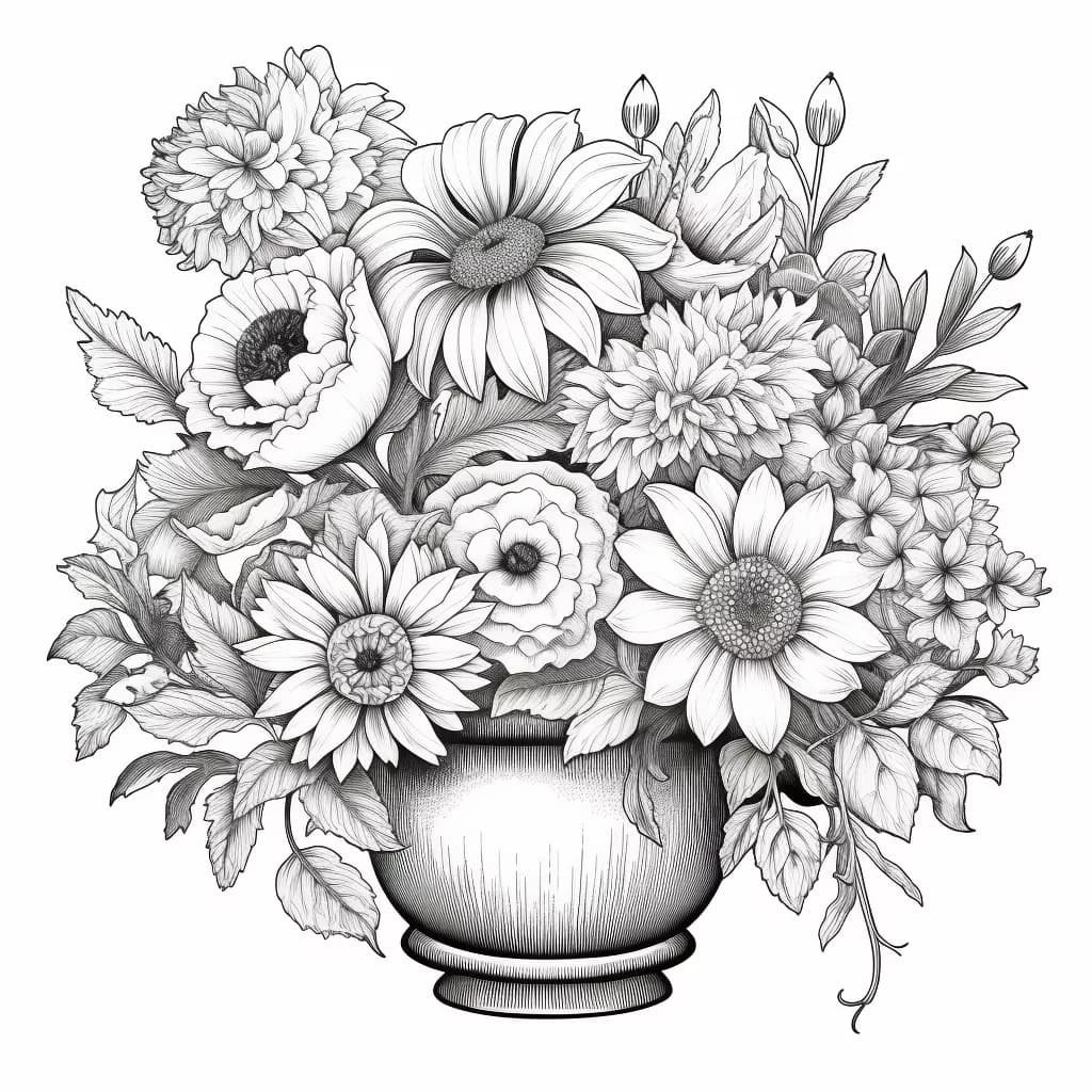 Букет от разнообразни цветя в саксия * Рисунка за оцветяване