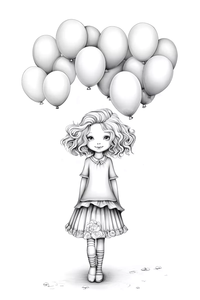 Page de Coloriage Imprimable pour Adultes : Fille et Ballons