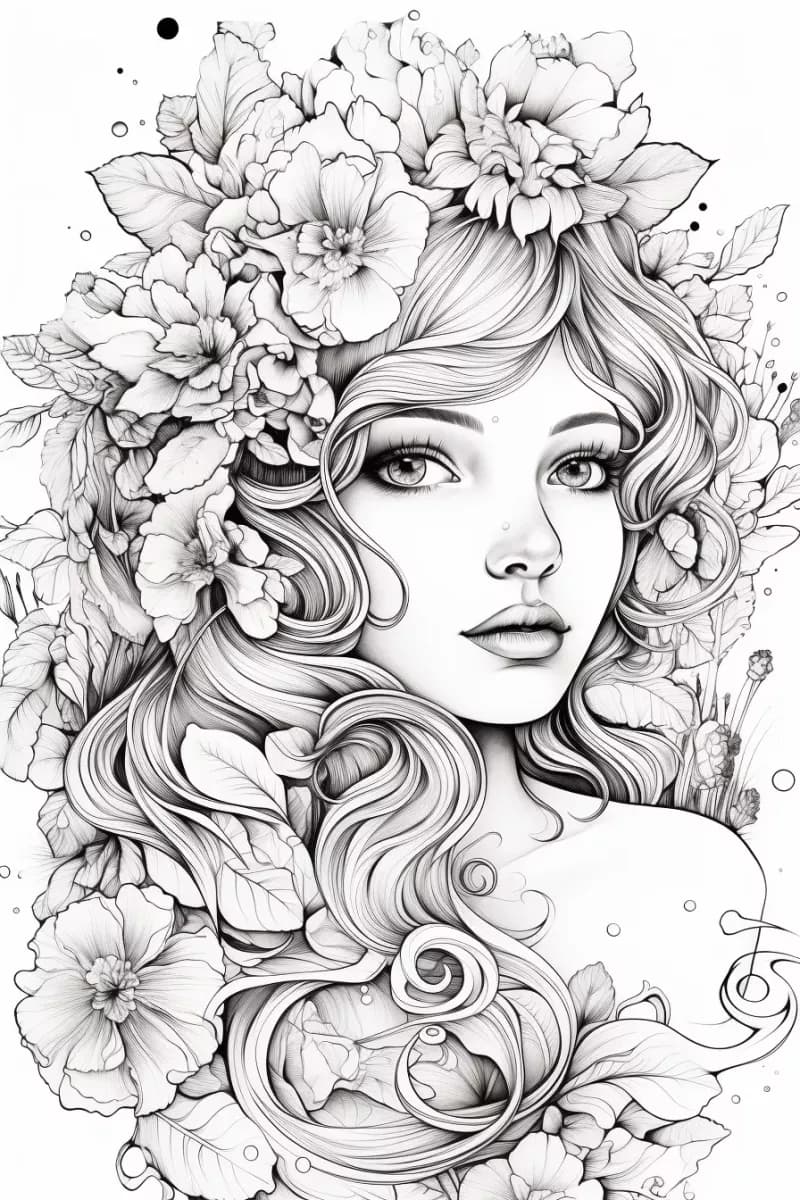 Момиче с цветя в косата * Рисунка за оцветяване