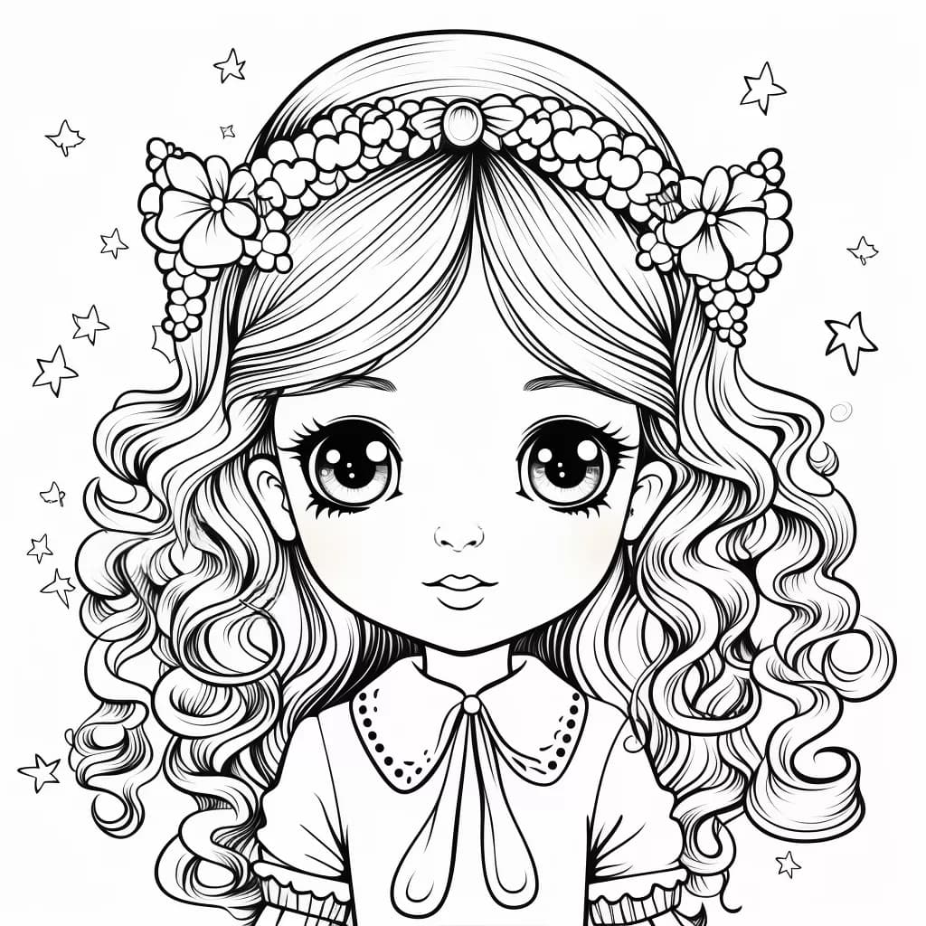 Página para Colorear Imprimible de una Chica con Cabello Largo y Rizado