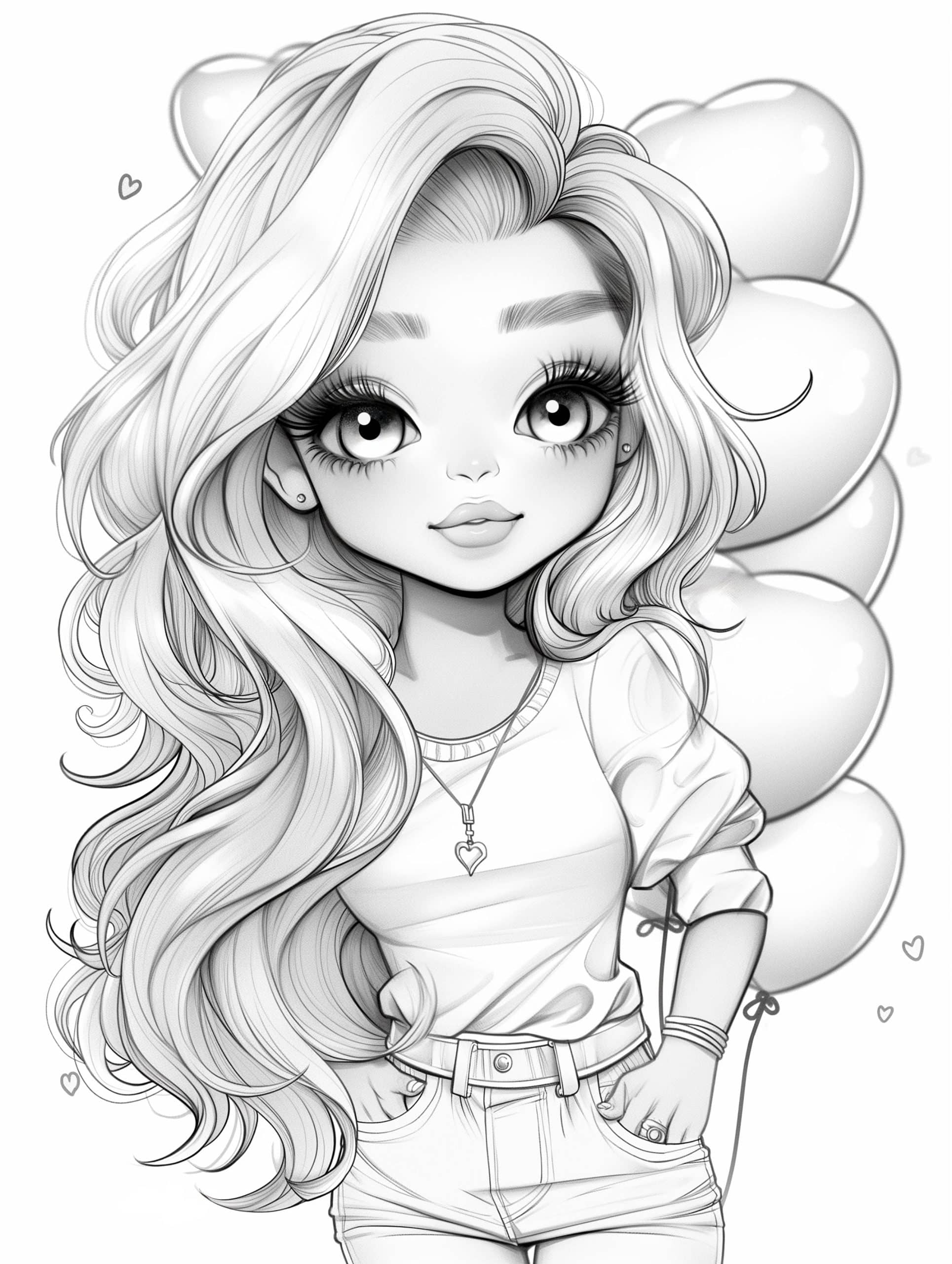 Page à colorier imprimable d’une belle fille aux cheveux très longs