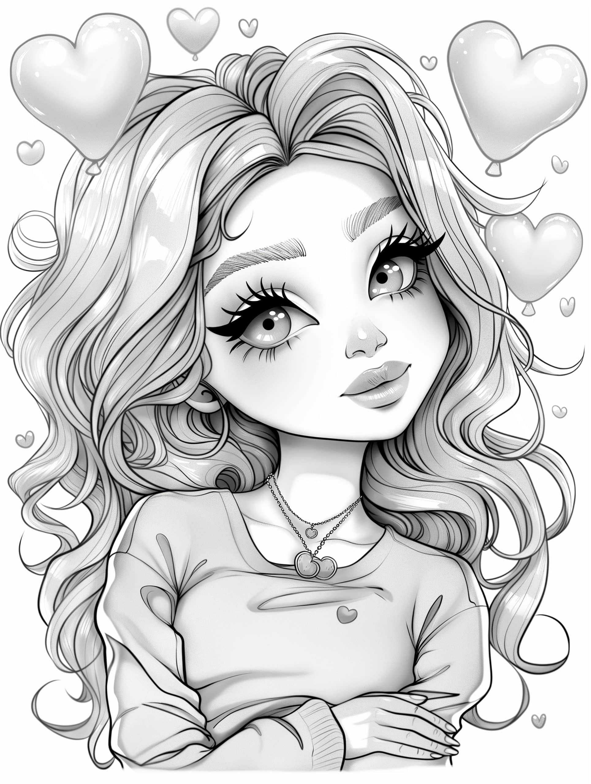 Момиче, балони и сърца * Рисунка за оцветяване