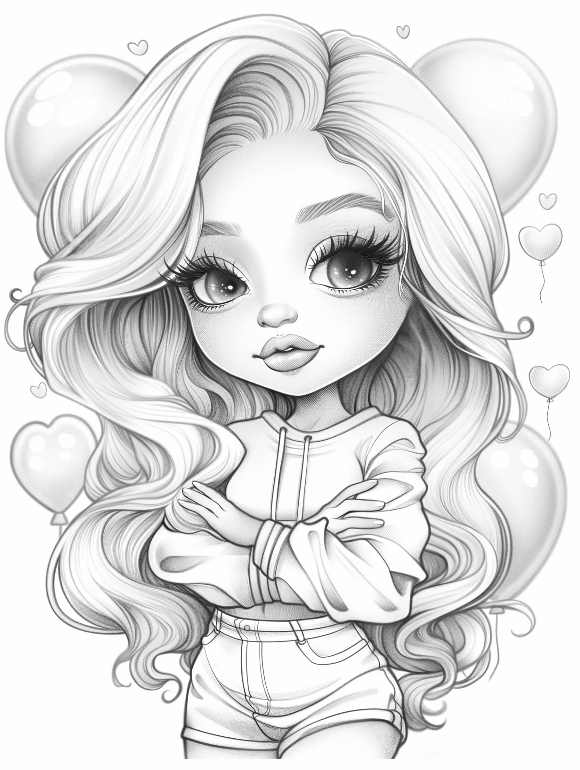 Момиче с къси дънки и дълга коса * Рисунка за оцветяване