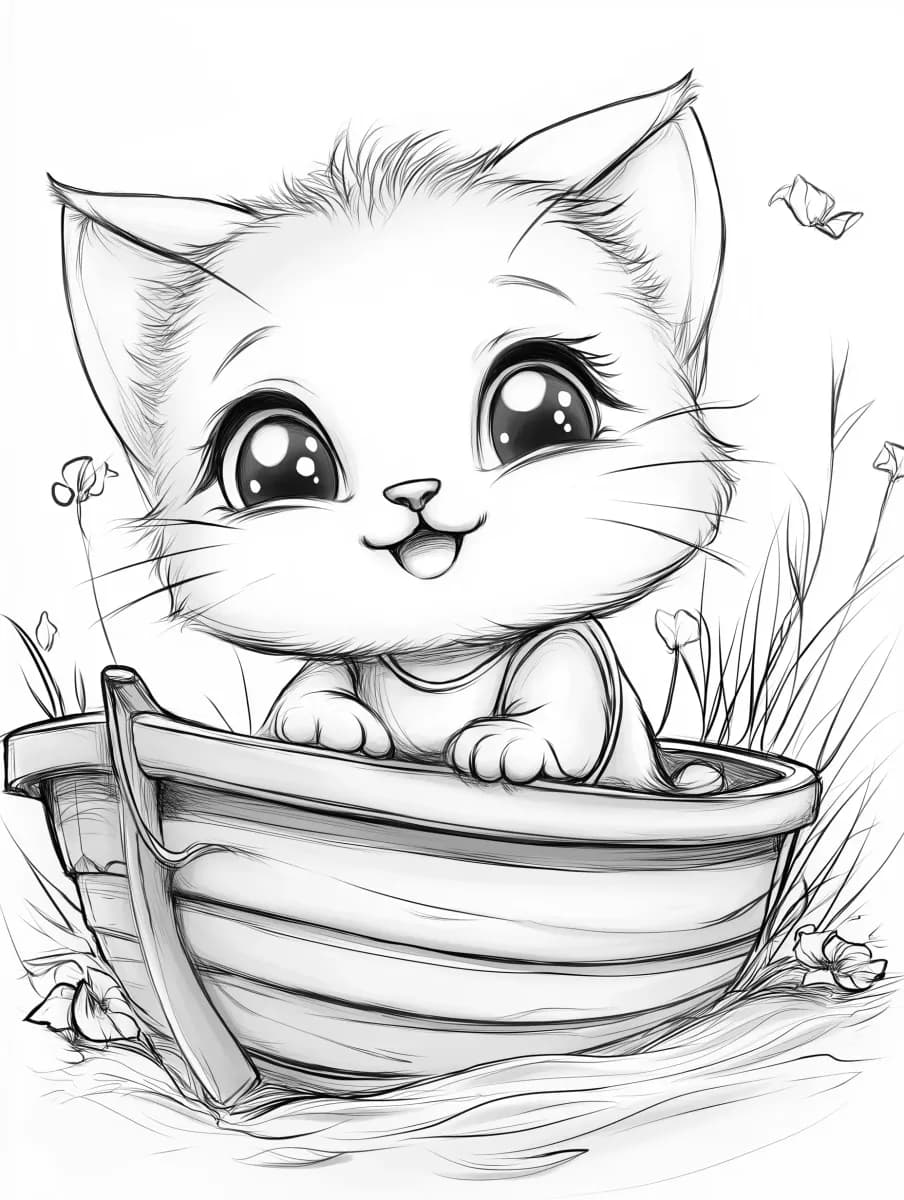 Картинка за оцветяване на сладко котенце в лодка