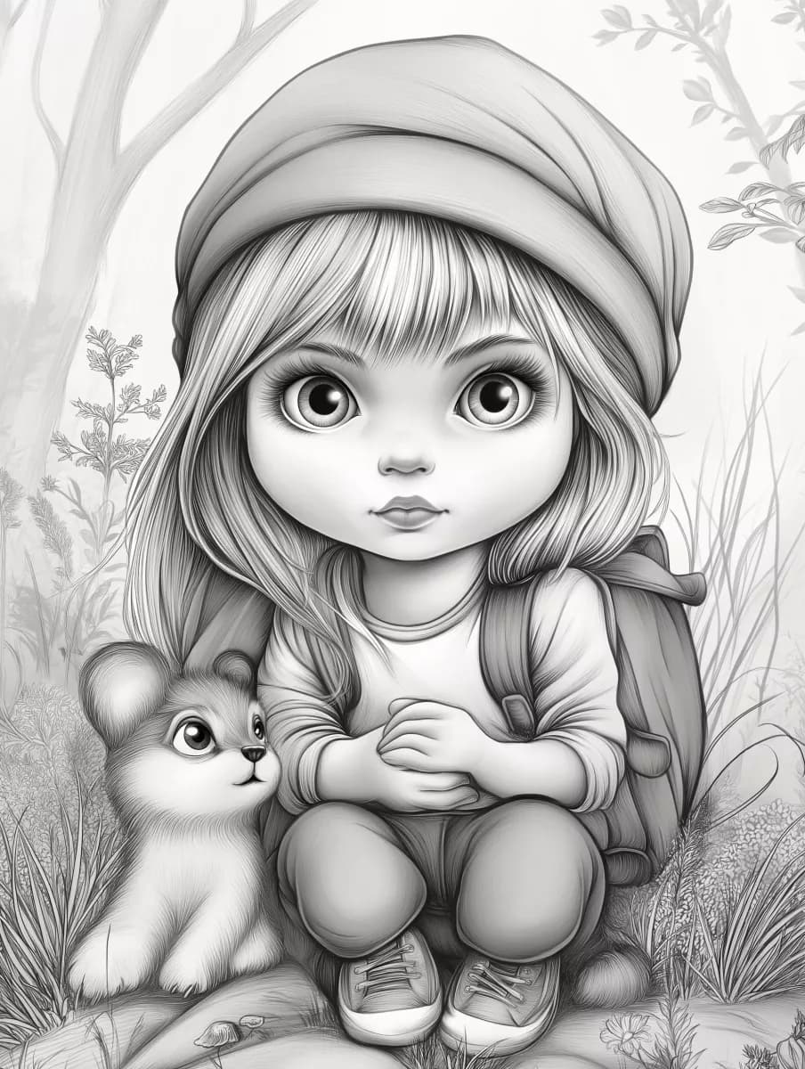 Картинка за оцветяване на момиче с шапка, раница и домашен любимец в гората