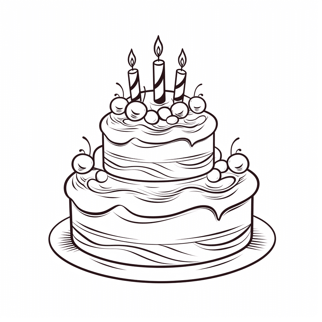 Página para Colorear Imprimible de Tarta de Dos Pisos con Cerezas, Glaseado y Velitas