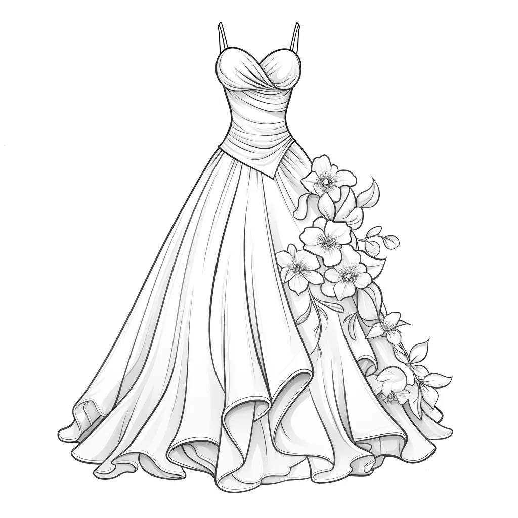Page de coloriage imprimable d’une belle robe longue avec de grandes fleurs