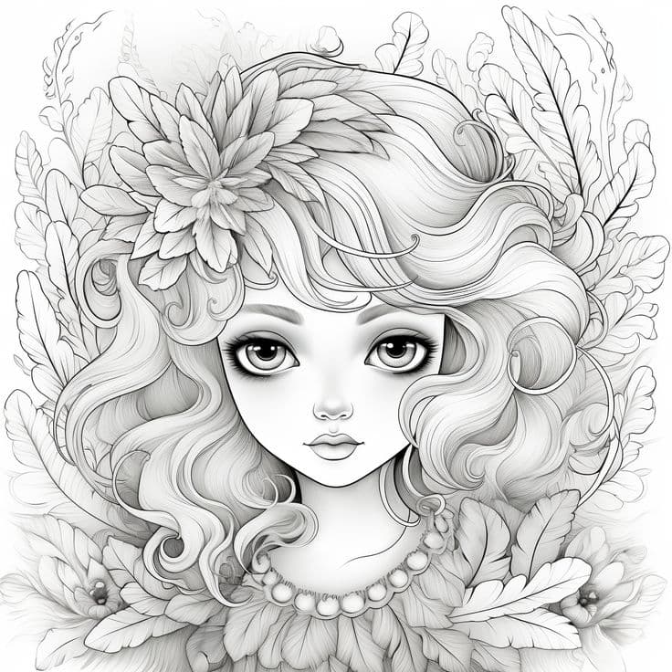 Момиче с пера за оцветяване, черно-бяла илюстрация