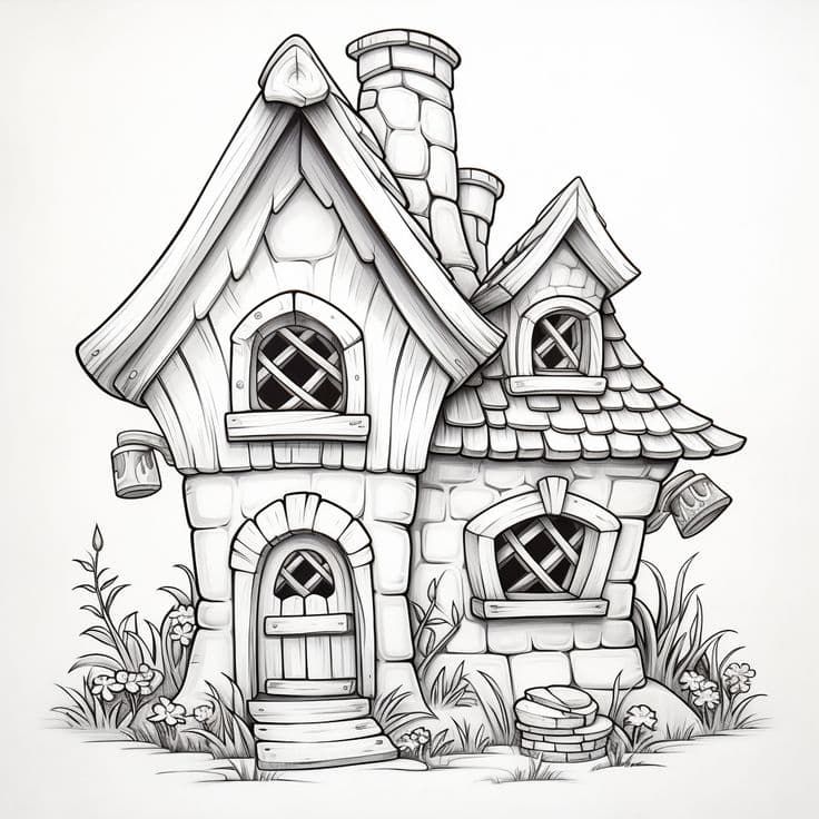 Page de Coloriage Imprimable de Maison 3D