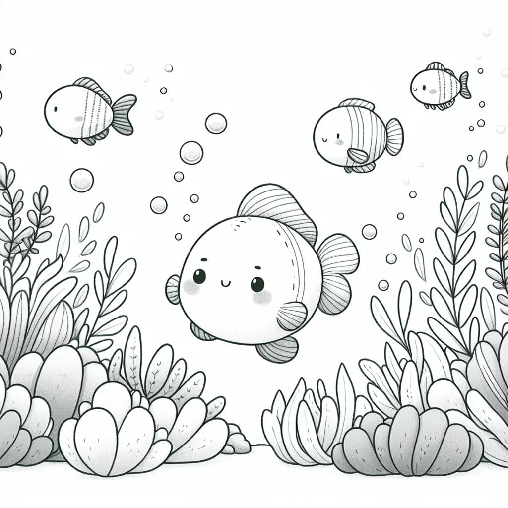 Página para Colorear Imprimible de Escena Submarina con Peces Nadando