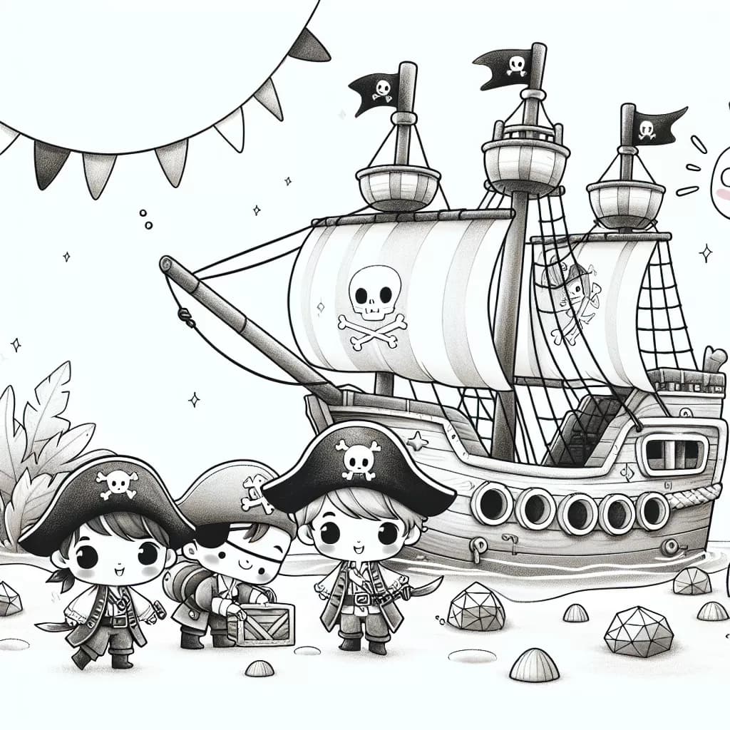 Пиратски кораб с пирати, търсещи съкровище