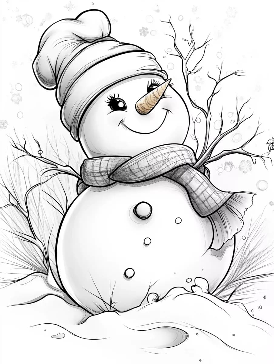 Раскраска улыбающегося снеговика в шапке и шарфе * Зима