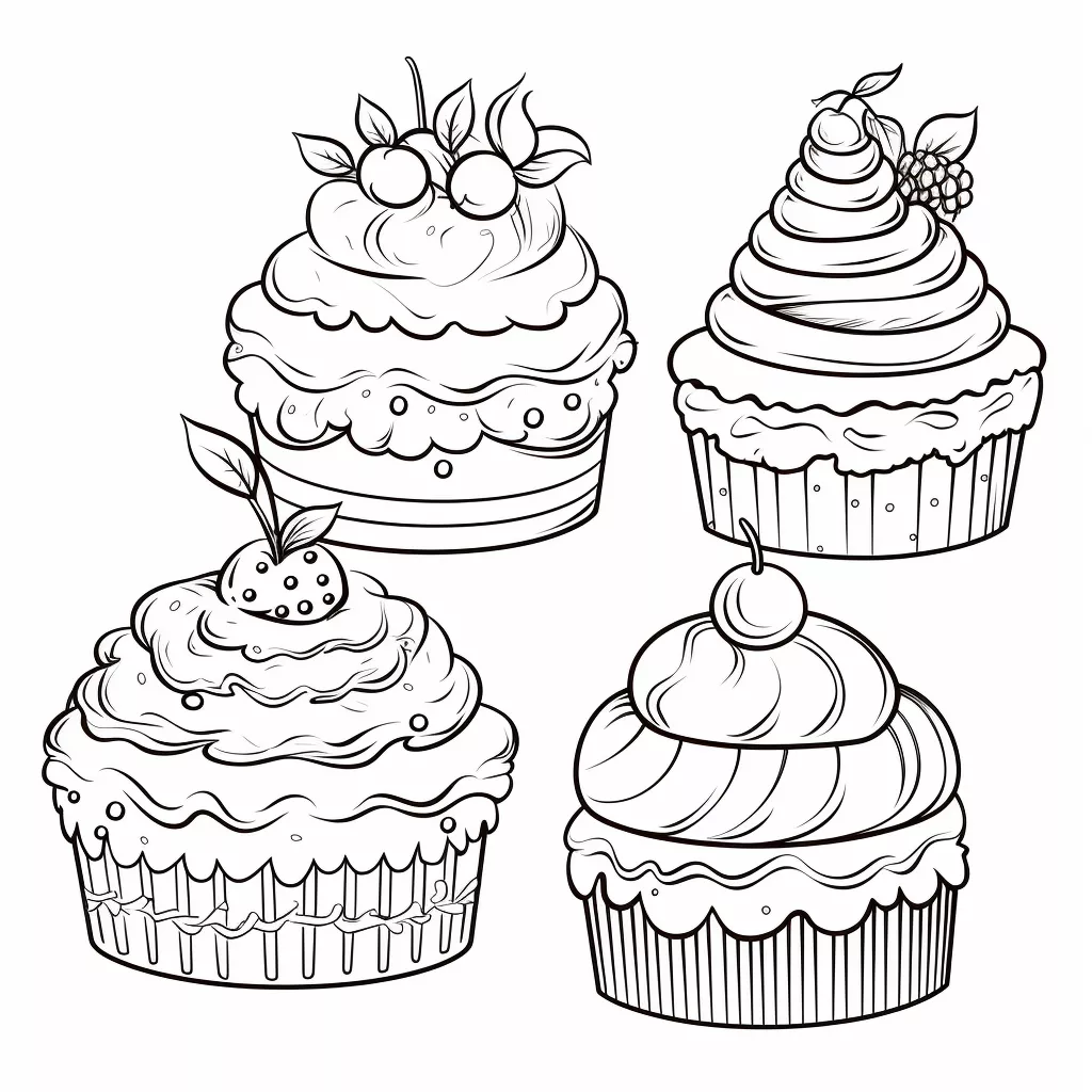Картинка за оцветяване на мъфини с крем и плодове, подходяща за детска занималня
