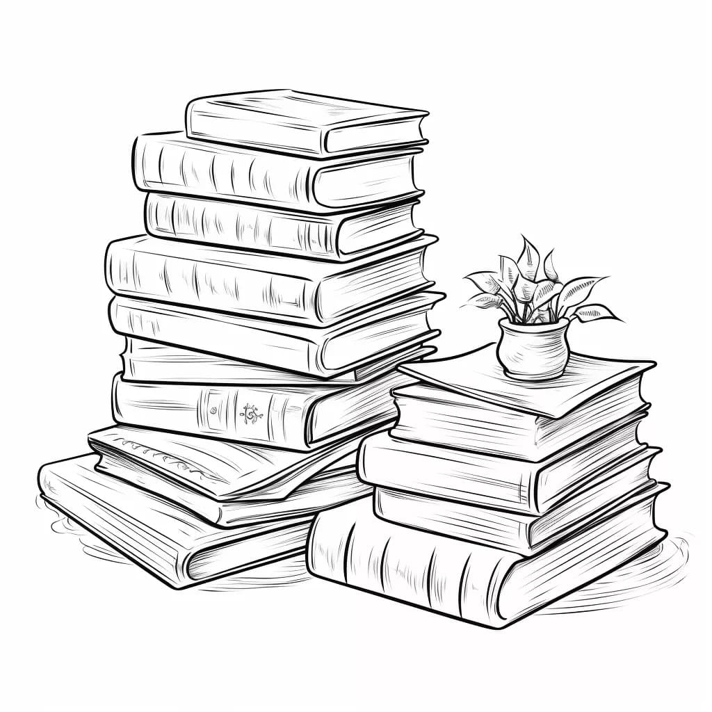 Page de coloriage imprimable d’une pile de livres et d’une fleur en pot