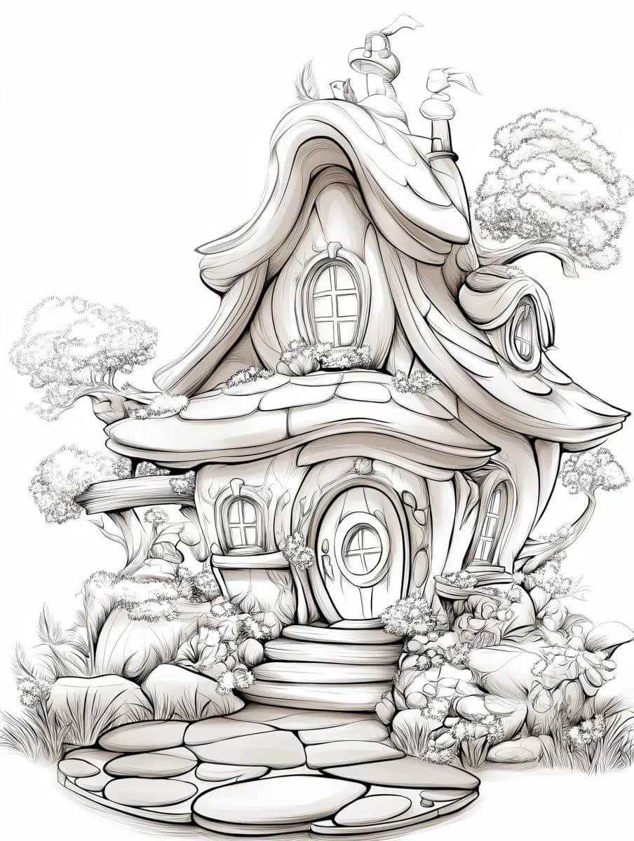 Рисунка за оцветяване на приказна къща с детайли за покрив и прозорци