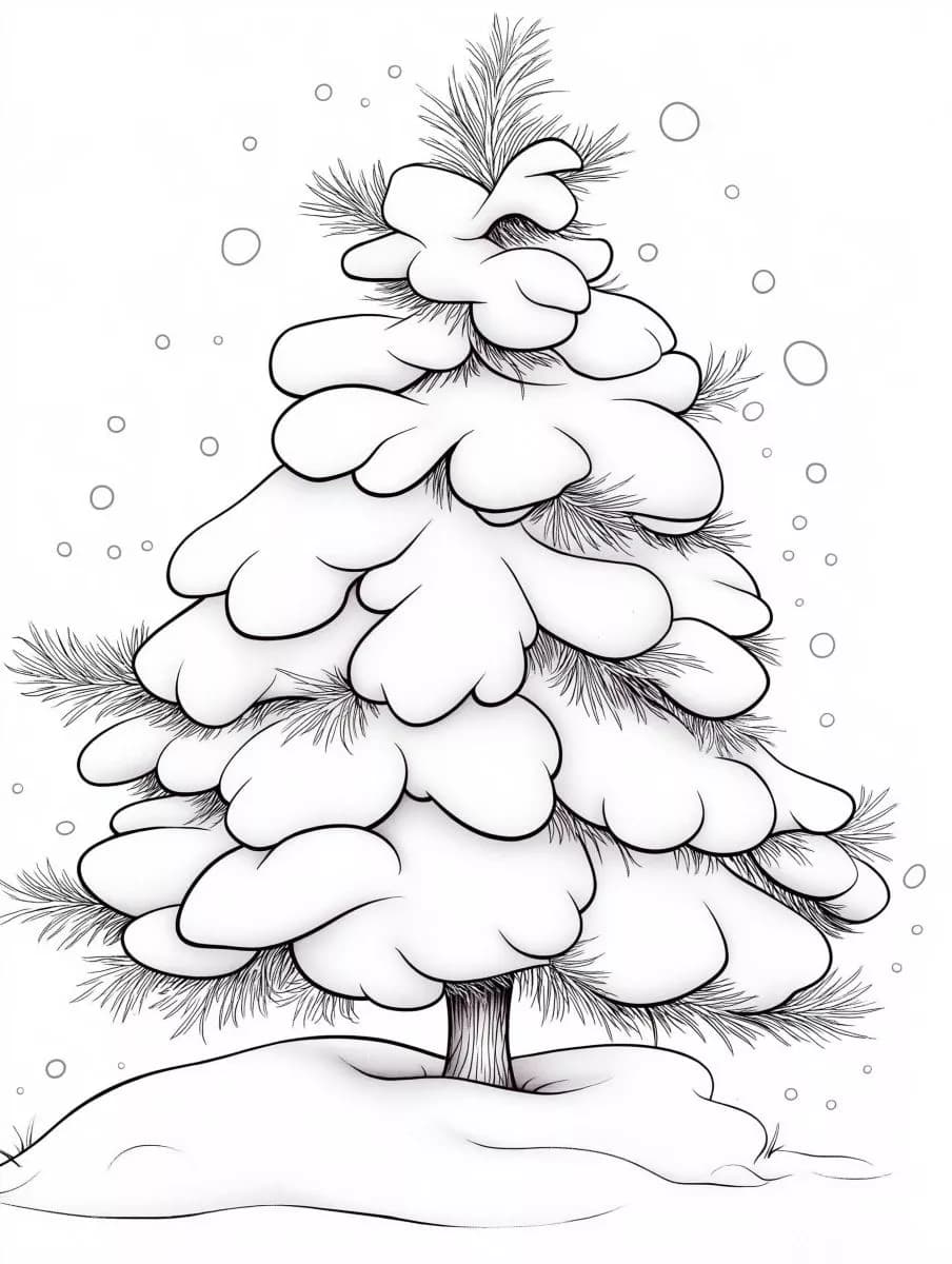Printable Coloring Page of a Snowy Pine Tree