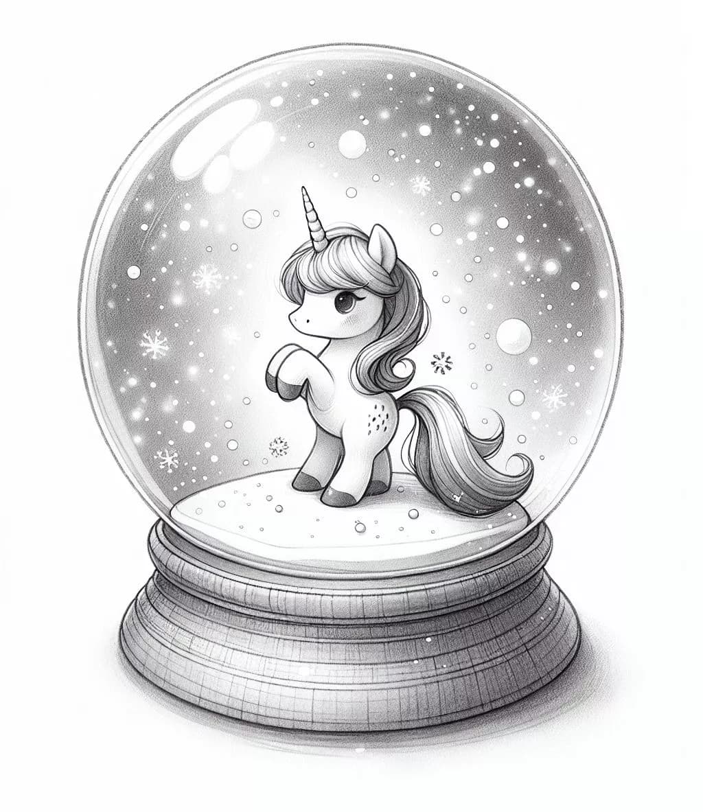 Page à colorier imprimable de boule à neige magique avec poney