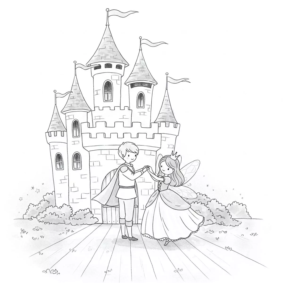 Page à colorier imprimable d’un château féerique avec une princesse fée dansante et un prince