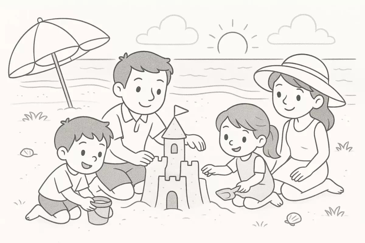 Kostenlose Malvorlage: Familie baut Sandburg am Strand