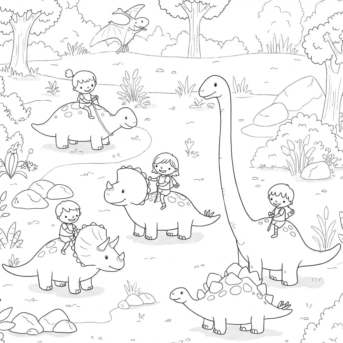 Картинка за принтиране и оцветяване на парк с динозаври и деца, яздещи динозаври