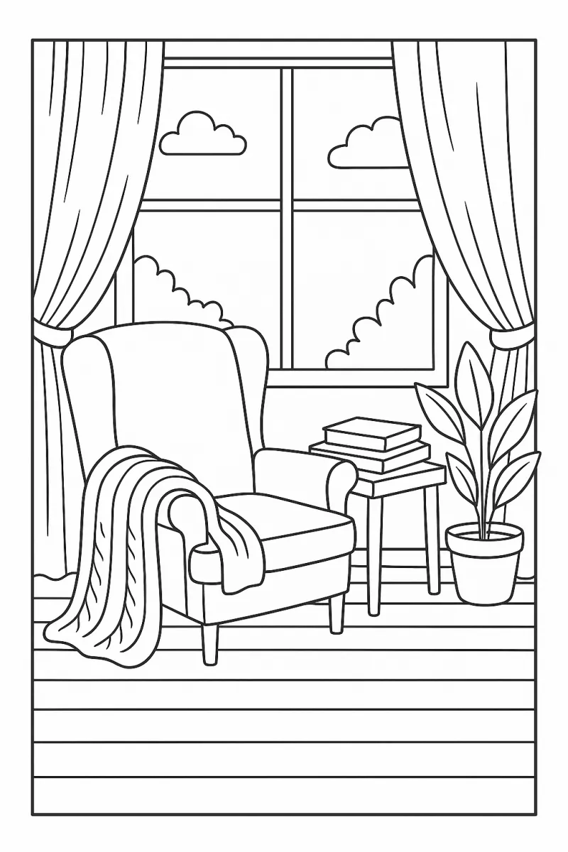 Черно-бяла рисунка на уютно кресло с одеяло, книги и саксийно растение до прозорец.