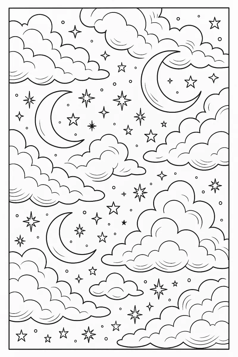 Черенобяла рисунка за оцветяване с полумесеци, пухкави облаци и разпръснати звезди.