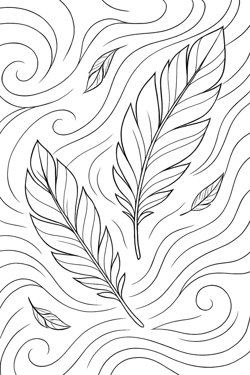 Черно-бяла илюстрация на пера, носещи се в вихрени ветрови образци.