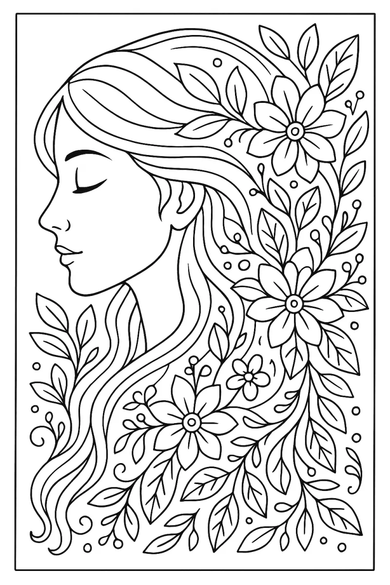 Рисунка на спокойна жена с разпусната коса, украсена с цветя и листа.