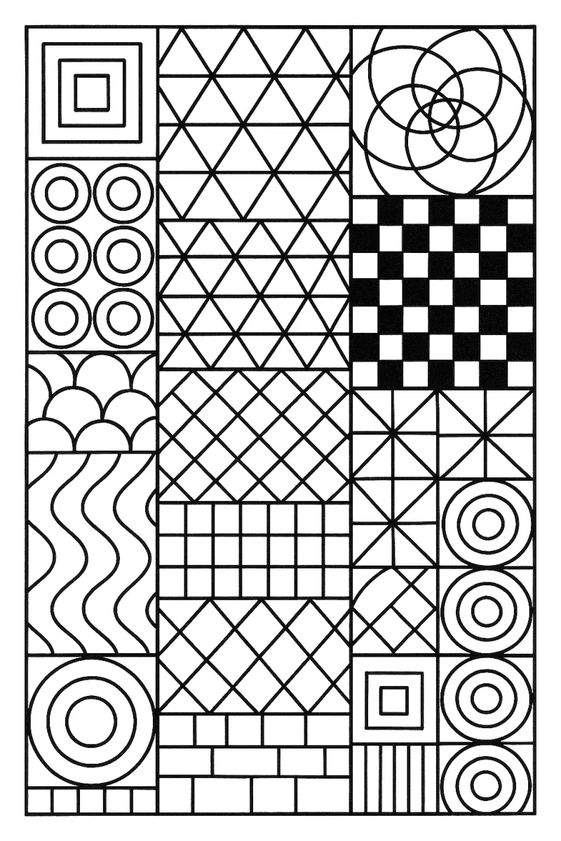 Page à colorier en noir et blanc avec des motifs géométriques en disposition en grille