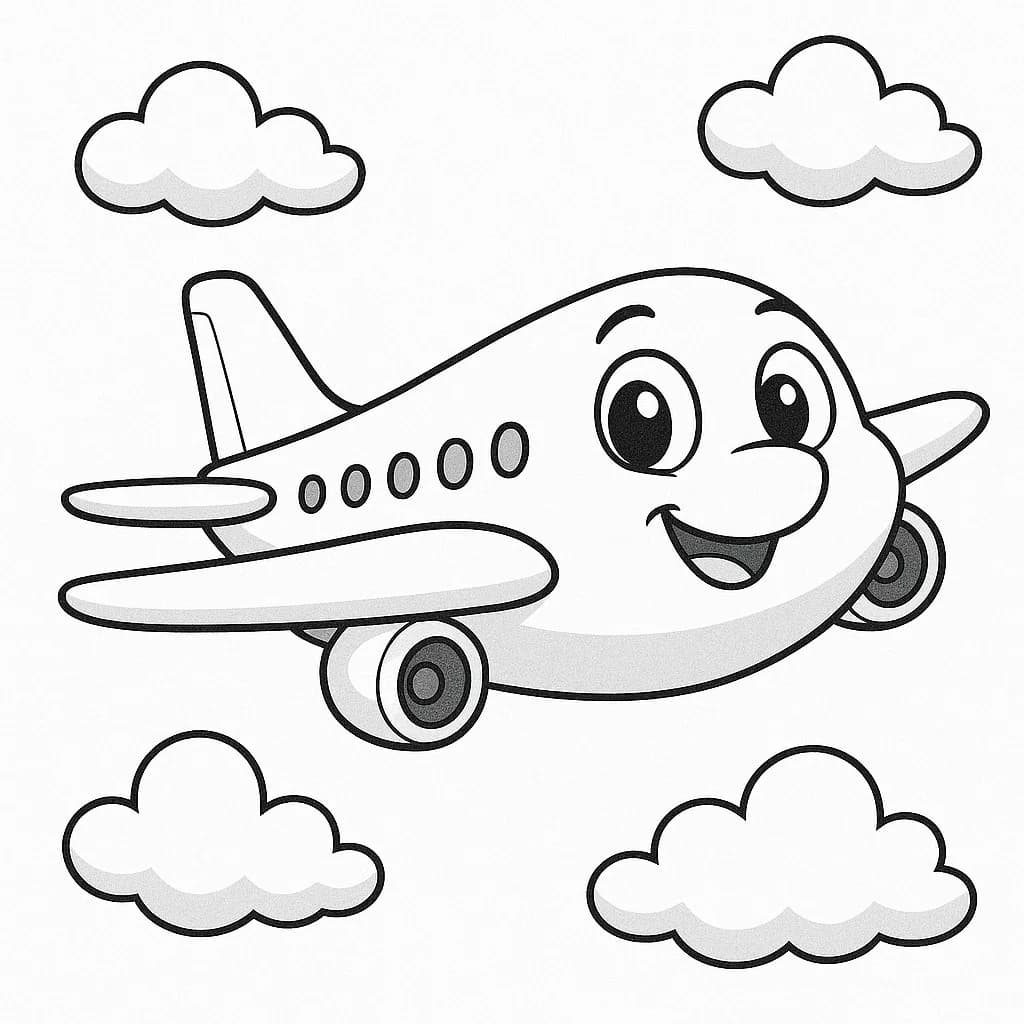 Cartoon-Flugzeug mit Augen und einem Lächeln fliegt zwischen Wolken