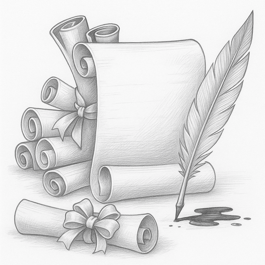 Printable coloring page with vintage scrolls, ribbon, ink and feather quill