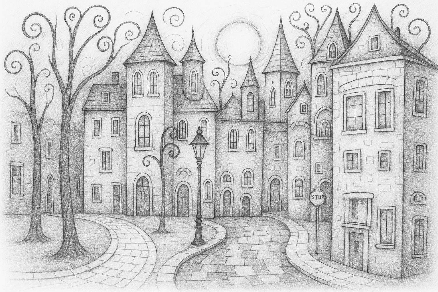 Black-and-white pencil sketch of a whimsical village street with winding paths, tall quirky buildings, and grayscale shading for coloring