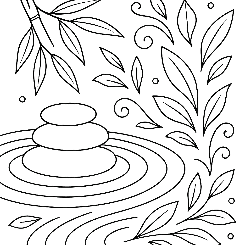 Dessin en noir et blanc de galets empilés avec des feuilles de bambou et des ondulations de sable