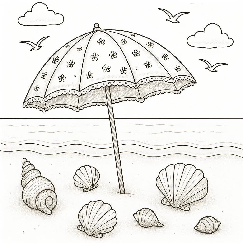 Детайлна черно-бяла страница за оцветяване с орнаментален плажен чадър, миди на пясъка, море и птици в небето