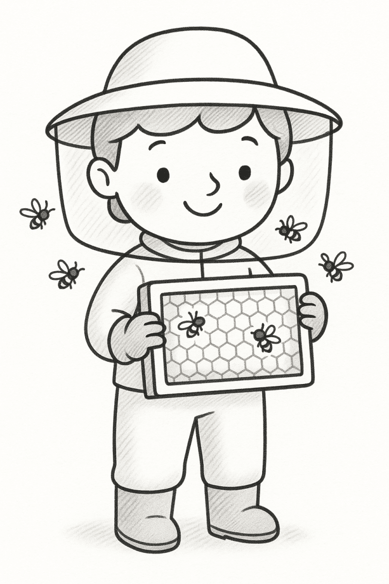 Пчелар държи рамка от кошер, заобиколен от пчели