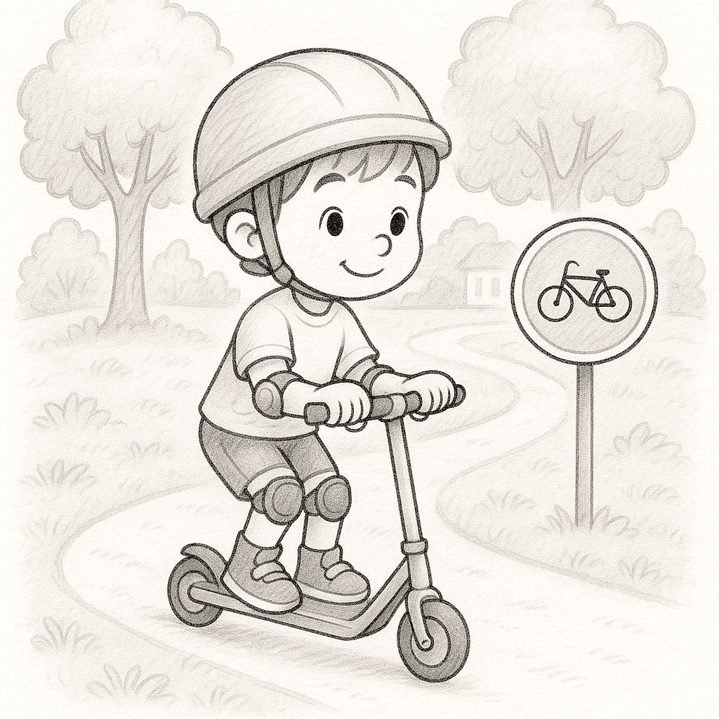 Черно-бяла картинка за оцветяване на дете с каска и наколенки, което кара тротинетка по алея в парка с дървета и знак за велосипедна зона