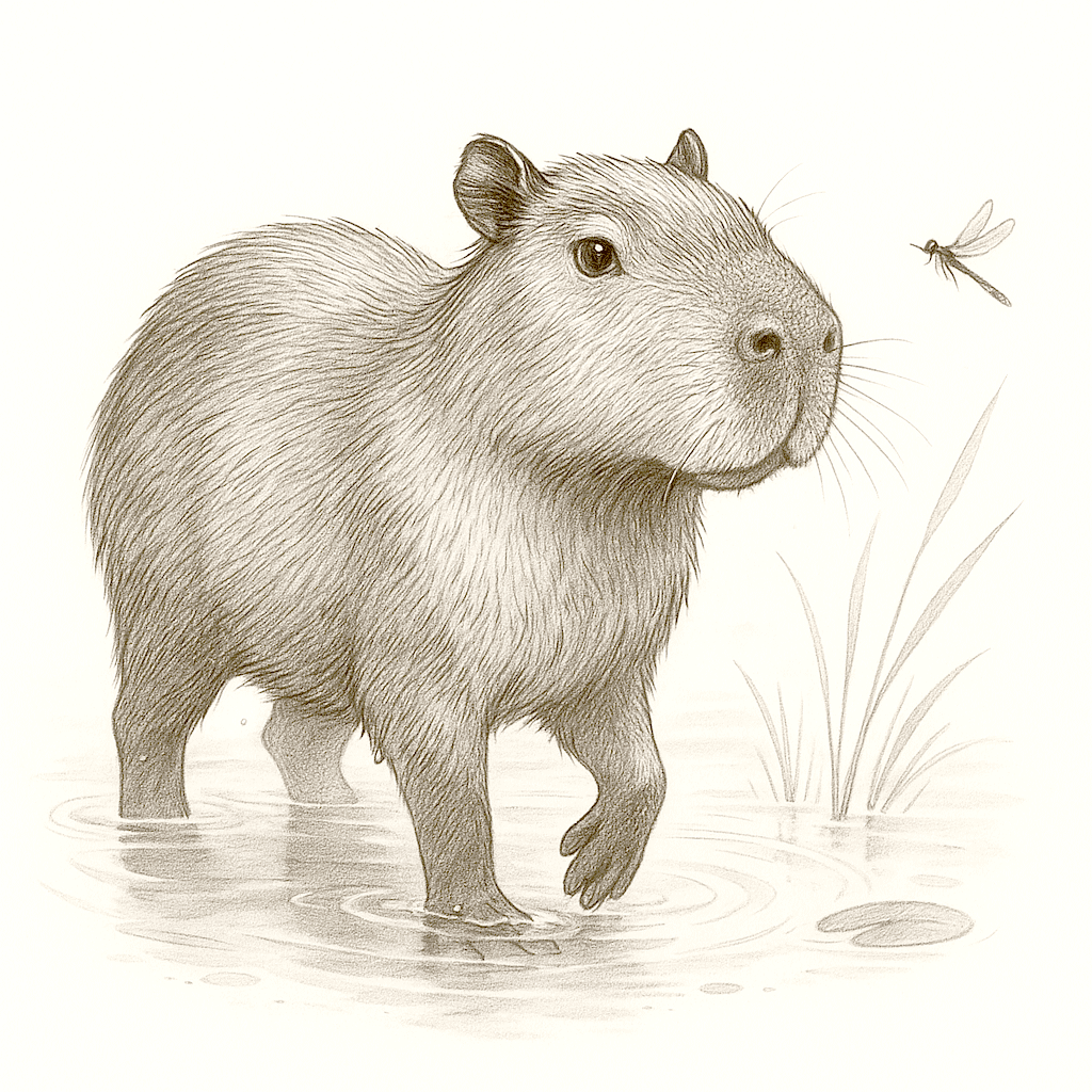 Capybara se tenant dans l'eau peu profonde, regardant curieusement une libellule en vol – image en noir et blanc à colorier.