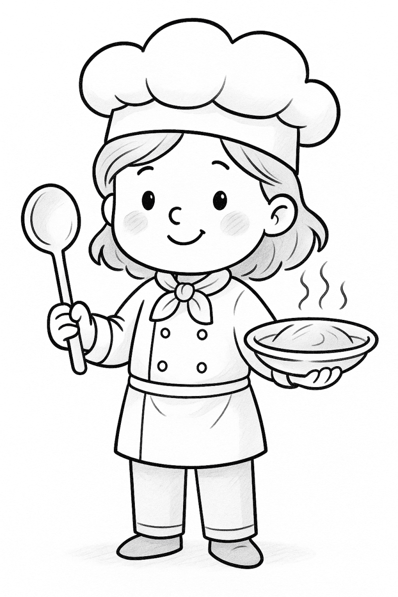Сладка малка готвачка с купа и лъжица, рисунка за оцветяване