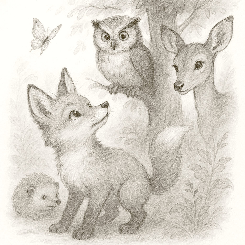 Рисунка на лисица, сова и еленче в гора